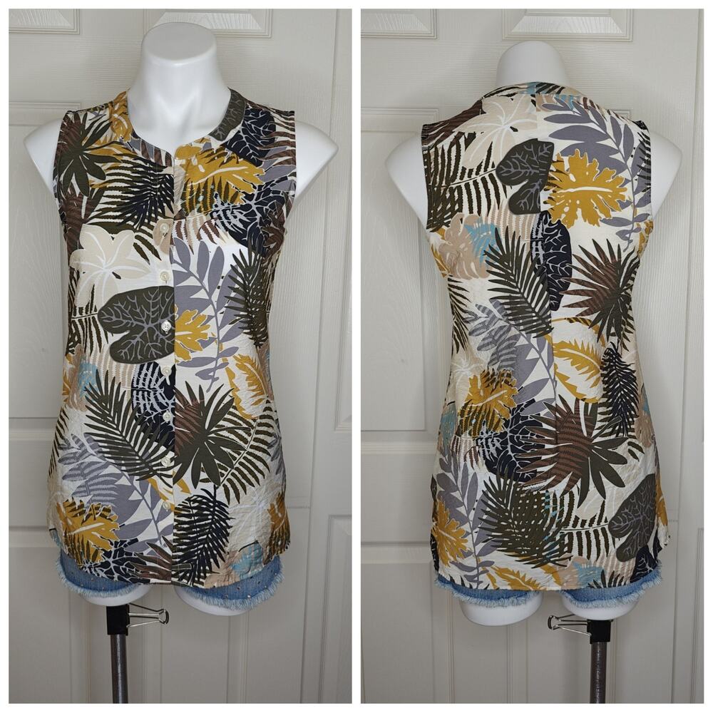 Van Heusen tropical leaf print button front sleeveless top sz XS